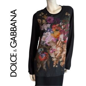 Dolce & Gabbana Black Floral Cherub Print Long-Sleeve Tee, with silk